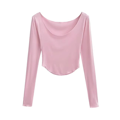 辣妹低U领紧身长袖T恤上衣女