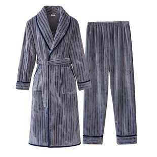 睡袍男冬季珊瑚绒长款浴袍春加绒加厚男士秋冬法兰绒睡裤长袍睡衣
