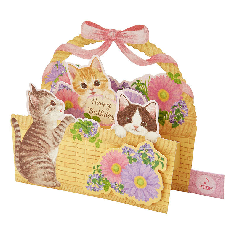 日本代购手工唱歌喵星人猫咪花朵篮子造型生日音乐贺卡立体装饰