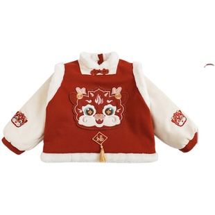 幼悠冬季加厚男童龙娃刺绣贴标毛绒撞色拼接假两件年服卫衣新年装