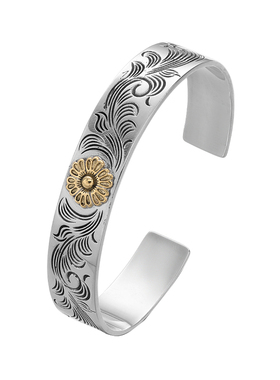 复古个性点金普薇花唐草纹宽面手镯男士开口可调节重工纯银手饰