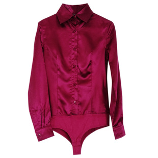 欧美大牌长袖连体衬衫女春秋新款非真丝绸缎亮面纯色修身上衣包邮