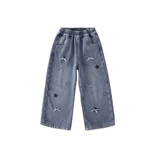 皇室童缘女童牛仔阔腿裤秋冬季2025新款儿童奥利绒加厚长裤中大童