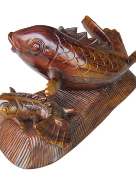 双鱼苍龙教子楠木雕刻招财鱼摆件