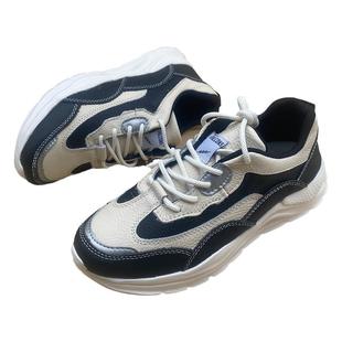 头层牛皮休闲运动男鞋黑白拼色春秋厚底舒适轻便健步鞋皮面老爹鞋