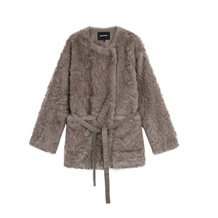 pusumede 棕绒暖曲 高级软糯环保仿皮草女可拆腰带中衣款毛毛外套