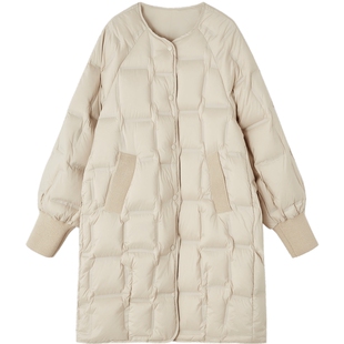 德玛纳轻暖90鸭绒中长款羽绒服女25冬季新款针织拼接简约保暖外套