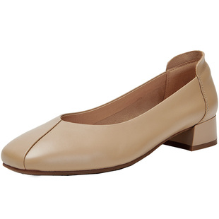 百田森超软小羊皮单鞋女款黑色鞋子小皮鞋女粗跟妈妈鞋真皮工作鞋