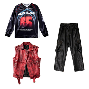 街舞儿童潮服架子鼓演出服男女童新款嘻哈痞帅风红色皮衣马甲套装