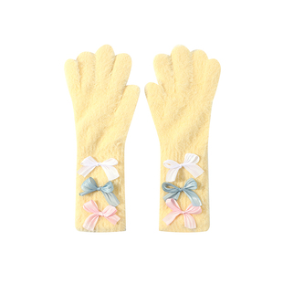 7THLAT毛绒分指手套女冬季保暖防寒通勤长款蝴蝶结一体式可爱手套