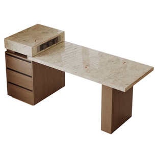 洞石下挂岩板岛台餐桌一体家用伸缩中古小户型开放厨房靠墙中导台