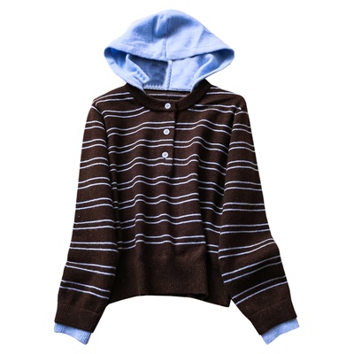 混纺撞色条纹连帽假两件软糯毛衣