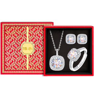 999纯银方糖小项链戒指耳钉首饰三件套女莫桑石钻银吊坠女款女士