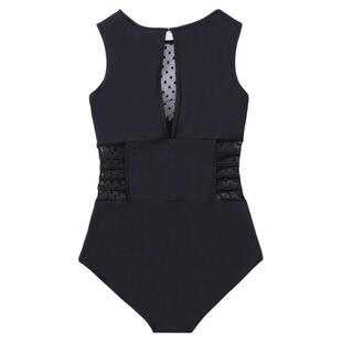 女式连体泳衣新款波点网纱时尚韩版款黑色显瘦修身运动泳装温泉款