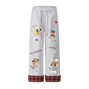 查尔斯桃心美式复古印花加绒休闲裤男女冬加厚保暖裤子直通长裤潮