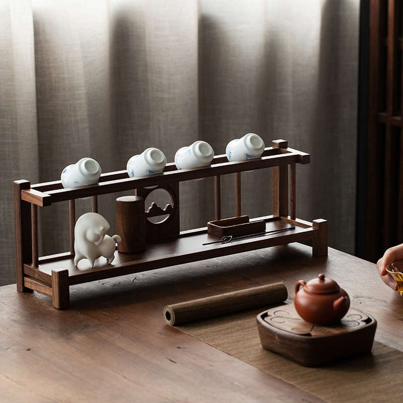 黑胡桃木茶具收纳架实木桌面置物架茶壶茶杯架子小型博古架多宝阁