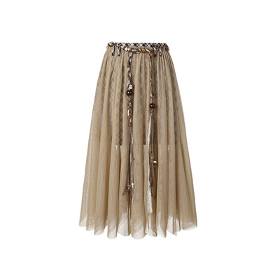 复古腰链装饰格纹腰网纱半裙