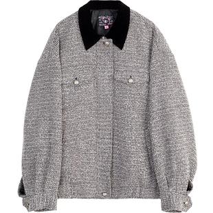 KEIKO 老钱风编织花呢外套女2025秋冬新撞色翻领宽松夹克两件套装