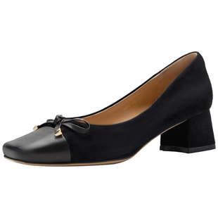奥莱专供Nine West/玖熙2025年中跟单鞋女绒面方头蝴蝶结粗跟女鞋