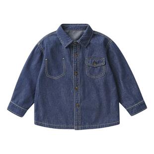 右欧儿童牛仔衬衫外套基础款春秋季新款童装纯色洋气男童女童衬衣