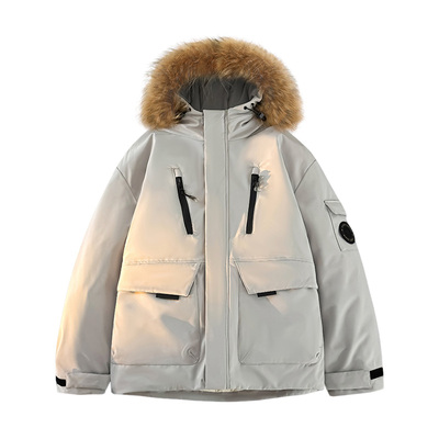 鸭鸭户外工装短款可拆毛领羽绒服