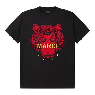 MARDI2026早春季红色印花老虎头t恤短袖男女情侣装圆领亲子装上衣