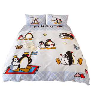 富山商店 x Pingu正版联名 100%棉格纹蓝色可爱床上四件套
