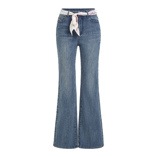 FIVE PLUS裤子复古蓝丝巾腰带棉质显瘦微喇牛仔裤2026新款女春装