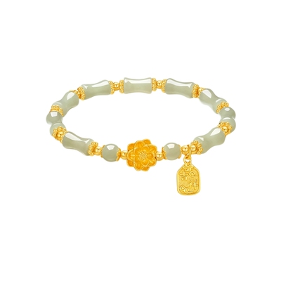 周六福竹节莲莲手串S925银新中式国风和田青玉手链送女友节日礼物