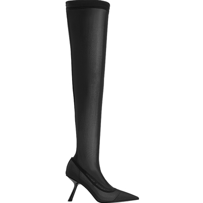 CHARLES&KEITH秋冬女鞋CK1-90280056时尚网纱高筒尖头过膝袜靴