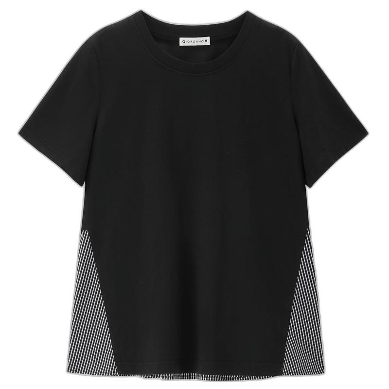 设计师款佐丹奴短袖T恤女夏季新款拼接格纹宽松圆领上衣18325906