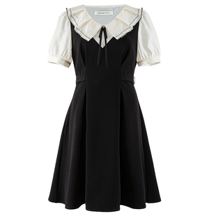 衣纱布菲枫桐 复古黑色连衣裙夏装女泡泡袖收腰女装裙子