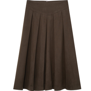 高腰A字毛呢半身裙女简约垂感大摆百褶裙宽松显瘦复古休闲中长裙