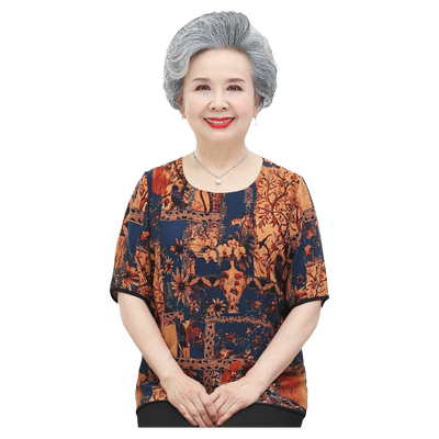 棉绸胖妈妈t恤短袖中老年人夏装