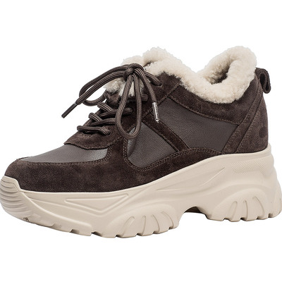 CDF女鞋2025秋冬新款时尚加绒休闲运动鞋圆头纯色厚底拼接女鞋潮