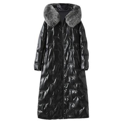 皮衣女长款黑色修身气质狐狸毛领