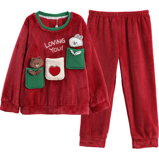 芬腾女童睡衣珊瑚绒秋冬加绒套装红色本命年女孩儿童布朗熊家居服