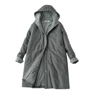 特日系连帽千鸟格羊毛呢夹棉外套女秋冬女装中长上衣保暖棉衣棉服