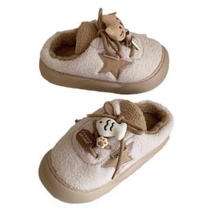 细细条 可爱小猫系带板鞋女冬百搭外穿休闲防滑厚底羊羔毛棉拖鞋