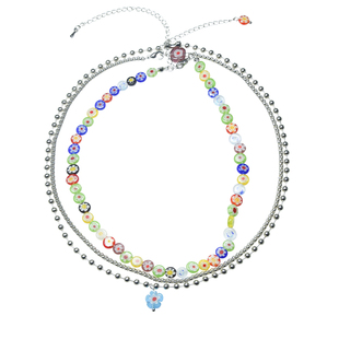 AWE三层叠戴彩色琉璃小花串珠项链敖子逸同款花朵吊坠颈链锁骨链