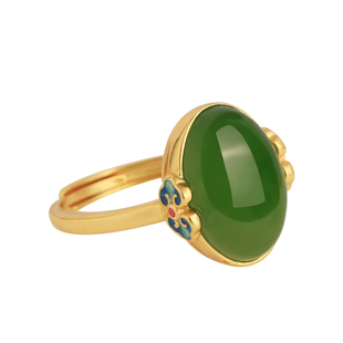 和田玉碧玉纯银开口珐琅食指戒指女国风金镶玉绿色宝石玉石金包银