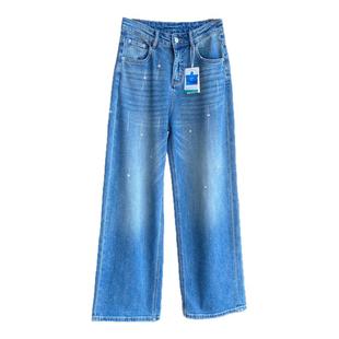 AMR UU◆奢华烫钻 高品质牛仔裤高腰宽松显瘦直筒阔腿裤女秋冬新