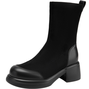 千百度拼接厚底弹力靴袜靴女冬季新款增高粗跟瘦瘦靴短靴子