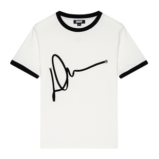 DKNY唐可娜儿夏季短袖T恤女撞色盘带绣LOGO正肩圆领上衣白色潮流