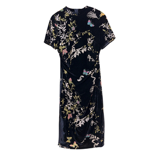 暮云归【自制款】大码胖mm丝绒烂花蝴蝶丝绒显瘦黑色旗袍新中式