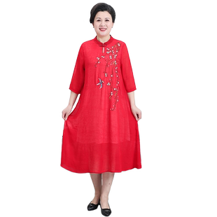 中老年女装200斤胖MM夏装绣花中长款裙子加肥加大码阔太太连衣裙