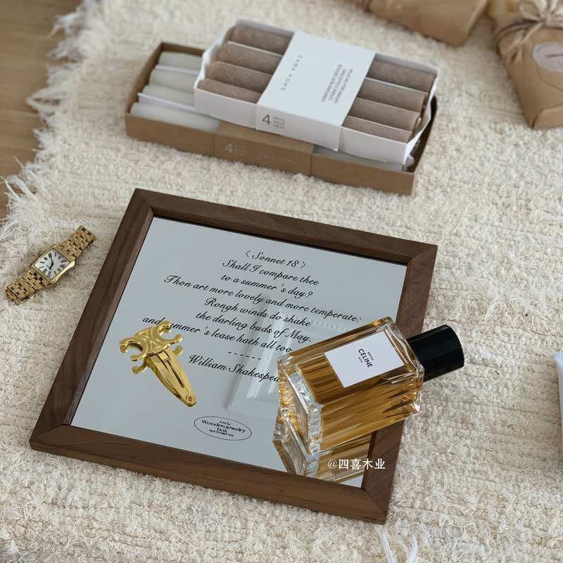 木质装饰英文镜子摆件质感桌面拍照质感化妆镜道具复古简约