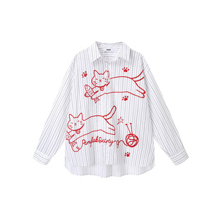 PCMY慵懒猫咪潮牌长袖条纹衬衫松弛风oversize春夏季2026新款上衣