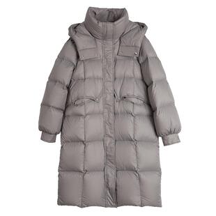 ELLE90白鸭绒灰色中长款连帽羽绒服女2025冬季新款通勤小众外套