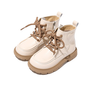 卡特兔加绒马丁靴2024新款冬季女童米色保暖短靴女孩时尚小皮鞋